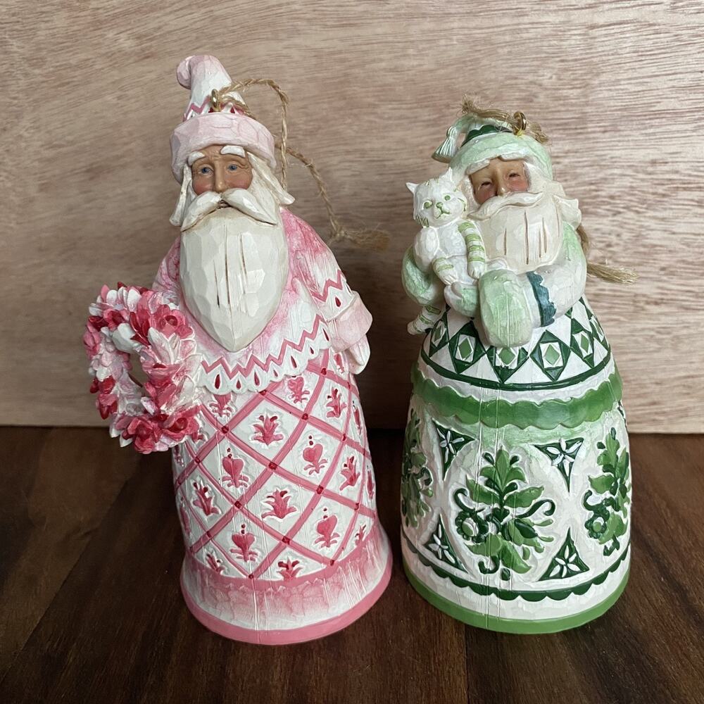 2 Jim Shore Heartwood Creek Santa Toile Bell Ornament Evergreen Green Rosie Red